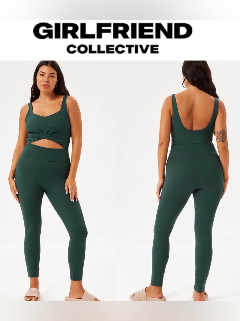 Girlfriend Collective Moss Green Twist Front Yoga Unitard Jumpsuit Sz M
